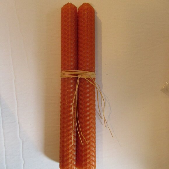 1 pair, Bees Wax candles, Orange, Honeycomb pattern, Hand Rolled, 8" - Picture 1 of 4